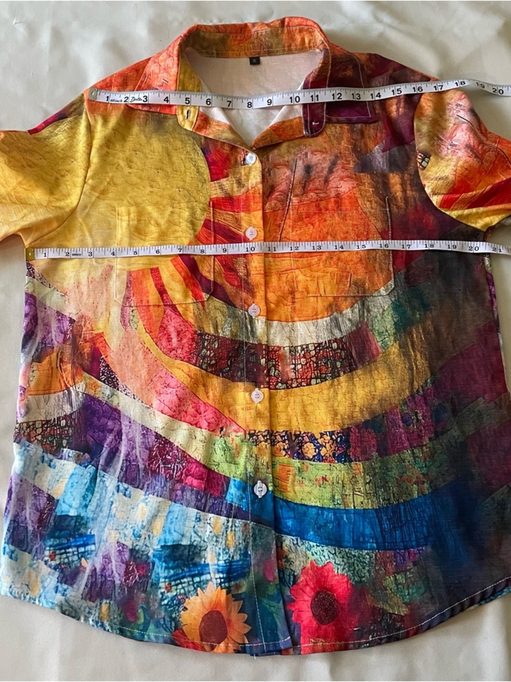 Colorful Abstract Button Up Shirt Sun Print Artsy Lightweight Blouse S - Picture 6 of 7
